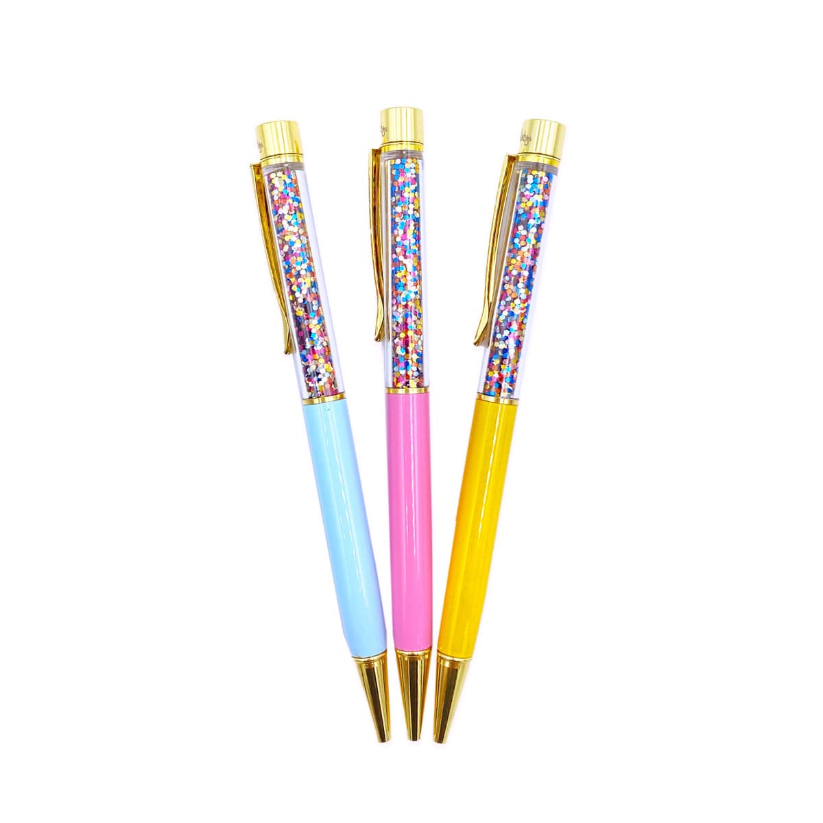 Colorful gel ink pens with glitter-filled barrels and gold accents, perfect for writing and journaling, from The Wraperie collection.