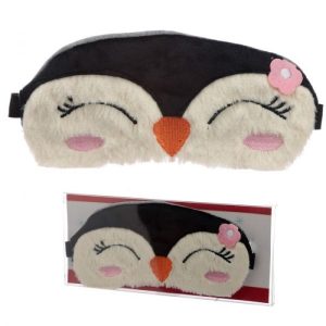 Soft plush penguin sleep mask with cute embroidered eyes, pink blush cheeks, and a small pink flower accent, perfect for travel and bedtime relaxation.