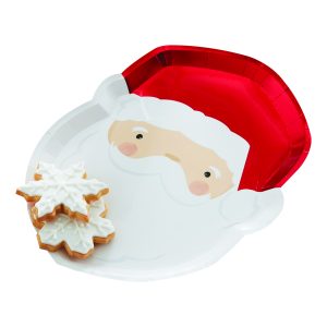 Festive Santa hat shaped serving tray with snowflake cookies, perfect for Christmas celebrations at The Wraperie. Bright red and white design adds holiday cheer to your dessert table.