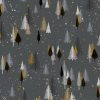 Festive winter pattern featuring gold, silver, and black stylized Christmas trees with snowflakes and stars on a dark background, ideal for holiday wrapping paper or seasonal design.