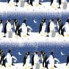 Penguins with gift boxes and winter decoration in a festive holiday pattern, perfect for Christmas-themed wrapping paper from The Wraperie.