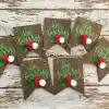 Colorful Christmas gift tags with "Be Merry" written in green, featuring festive red and white holly accents on a rustic wooden background.