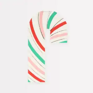 Colorful candy cane-shaped cookie with red, pink, green, and white stripes, decorated with gold accents, from The Wraperie, ideal for festive holiday treats and baked goods.