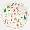 Festive Christmas-themed decorative paper plate featuring Santa, reindeer, gingerbread cookies, Christmas trees, candy canes, and holiday treats, perfect for holiday parties and celebrations.