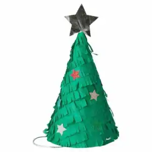 Colorful Christmas tree-shaped cake with star decorations and a silver star topper, perfect for holiday celebrations at The Wraperie.
