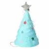 Colorful paper Christmas tree with star topper, tinsel and festive decorations for holiday celebration.