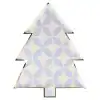 Decorative holiday cake or appetizer tray in the shape of a Christmas tree with a blue and white geometric pattern for festive celebrations - The Wraperie Christmas serving platter.