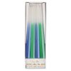 Colorful birthday candles in a clear box, perfect for celebration cakes and party decorations. Bright blue, green, and white colors add a festive touch to any special occasion.