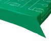 Bright green table cover with a printed soccer field design, perfect for sports parties and game day events. Customizable and durable, ideal for outdoor and indoor sports celebrations.