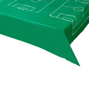 Bright green table cover with a printed soccer field design, perfect for sports parties and game day events. Customizable and durable, ideal for outdoor and indoor sports celebrations.