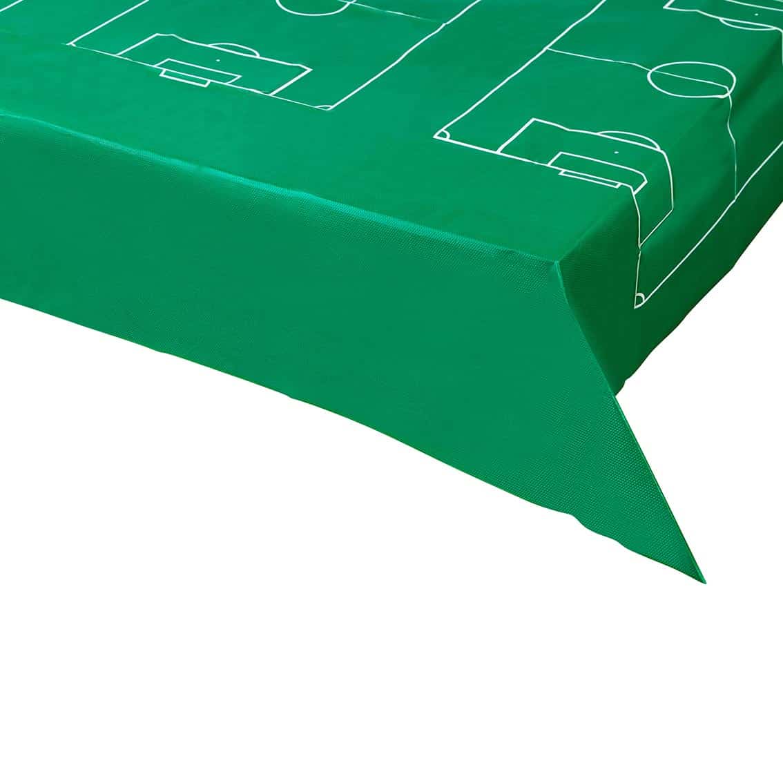 Bright green table cover with a printed soccer field design, perfect for sports parties and game day events. Customizable and durable, ideal for outdoor and indoor sports celebrations.