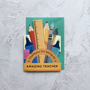 Colorful teacher appreciation card with school supplies including pencils, ruler, pens, and glue bottles, featuring a heartfelt thank you message for an amazing teacher. Perfect for Teacher’s Day or appreciation gifts.