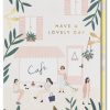 Delightful café-themed greeting card with illustrations of women enjoying coffee outdoors, surrounded by greenery and pastel accents, perfect for uplifting messages.