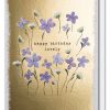 Elegant birthday greeting card featuring purple and white watercolor flowers on a gold textured background, with "happy birthday lovely" message for special occasions.