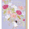 Vibrant floral birthday card with an illustration of a girl holding a large bouquet of colorful flowers on a purple background, perfect for greeting loved ones and celebrating special moments.
