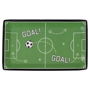 Colorful soccer-themed plastic tray with goal illustrations and playful "GOAL!" text, ideal for parties and game day snacks.