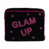 Pink and black cosmetic pouch with "Glam Up" embroidered in pink rhinestones and star accents, perfect for makeup storage, featuring stylish and functional design.