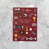 Bright red birthday invitation card with racing car, checkered flags, trophies, helmet, tools, and race-themed illustrations, perfect for a motorsport or racing-themed birthday celebration.