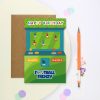 Colorful football-themed birthday greeting card with arcade game design, ideal for sports enthusiasts and children's birthday celebrations. Perfect for sports-themed party decor and greeting cards.