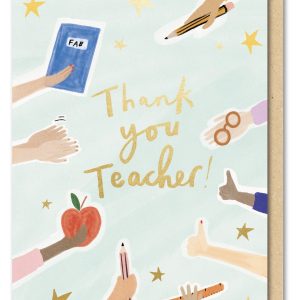 Bright colorful teacher appreciation card featuring diverse hands holding apples, pens, and chalk, with "Thank You Teacher" message, stars, and celebration symbols, perfect for Teacher's Day or appreciation.