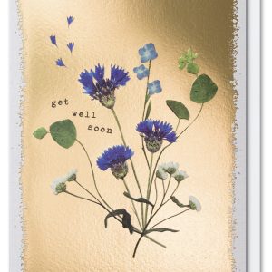 Vedic floral get well soon card with blue and white pressed flowers on a textured gold background. Perfect for expressing sympathy and wishes for recovery with a natural, elegant design.