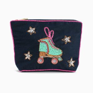 Colorful embroidered roller skate and star design on black fabric clutch purse, featuring bead and thread embellishments, perfect for trendy accessories or party essentials.