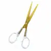 Gold-tined hair cutting scissors with clear plastic handles, professional barber styling tool, ideal for precise hair trimming and grooming.
