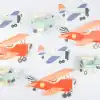 Colorful paper airplane decorations and motifs from The Wraperie, perfect for party decor, birthdays, and kids' events, featuring fun vintage airplane designs in bright, playful colors.