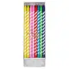 Colorful striped birthday candles set in a box, perfect for celebration cakes. Bright yellow, pink, red, blue, green, and navy candles with white spiral stripes, ideal for festive occasions and cake decoration.