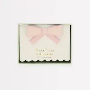Pink bow gift box of Merci Merci 8-piece greeting card set, ideal for special occasions and thank you notes, featuring elegant packaging and high-quality designs from The Wraperie.