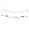 Colorful bunting banners with toy airplanes and clouds for children's party decoration.