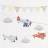 Colorful paper airplane and cloud-themed hanging decorations for children's room decor, perfect for a playful, whimsical atmosphere. Ideal for nurseries or kids' party decorations.