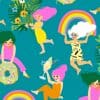 Vibrant illustrated pattern featuring joyful women with colorful hair, rainbows, donuts, and tropical flowers perfect for fun, stylish wrap ideas and vibrant apparel designs.