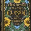 Happy birthday book cover with floral and butterfly design, celebrating a classic, with vibrant sunflower, green leaves, and colorful insects for a joyful birthday greeting.