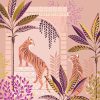 Vibrant illustrated tiger and lush tropical foliage in shades of pink, purple, and gold on a soft pink background, perfect for tropical-themed decor or fashion designs.