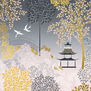 Elegant nature-inspired illustration featuring trees, birds, a bridge, and a traditional pagoda in a color palette of gold, pink, gray, and black, ideal for showcasing The Wraperie’s artistic wrap designs.