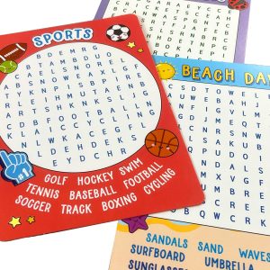 Word search puzzle for kids with sports and beach themes, educational activity game, fun and engaging learning tool for children.