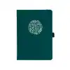 Elegant teal notebook with white floral circular design, perfect for journaling, note-taking, and organizing memories at The Wraperie. Personalized and stylish office accessory.