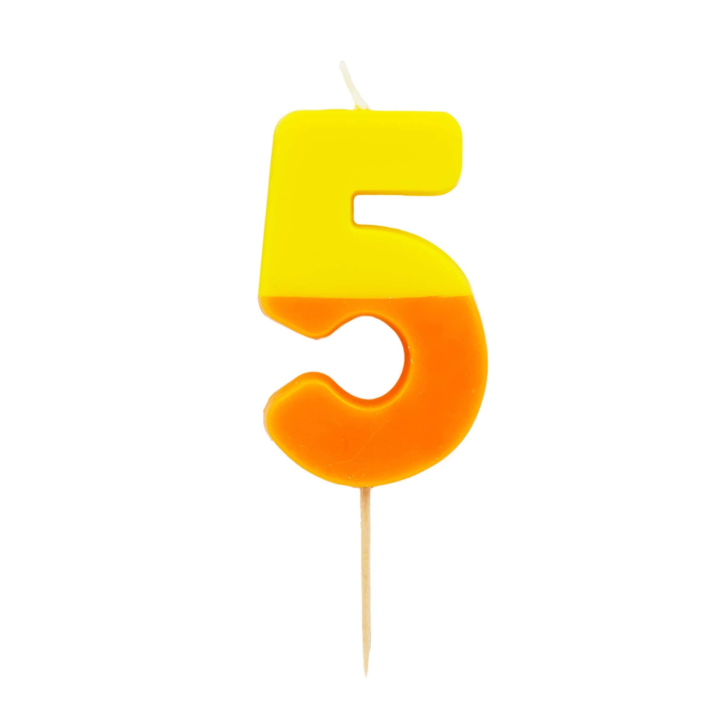 Bright yellow and orange number 5 candle with a wick on top, designed for birthday celebrations and cakes.