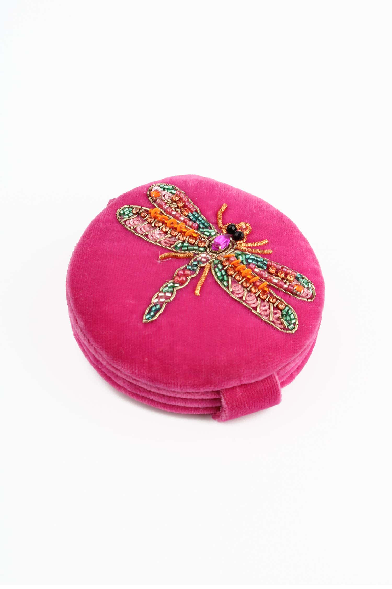 Beaded dragonfly brooch on bright pink velvet ring box, handcrafted jewelry, colorful accessory for women, jewelry gift idea, intricate beadwork design.