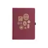 Elegant burgundy notebook with gold-foiled frame illustrations, perfect for journaling and creative writing at The Wraperie.
