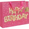 Colorful pink birthday gift bag with "Happy Birthday" metallic balloon letters, gold star tag, and polka dot design, perfect for celebrating special occasions.