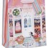 Colorful bakery gift bag with floral and dessert illustrations, perfect for bakery or cake shop packaging, featuring treats, sweets, and baked goods with vibrant pink, blue, and peach tones.
