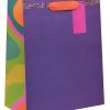 Vibrant purple gift bag with colorful dotted and leaf patterns, pink handle, perfect for celebratory occasions and gift wrapping. Bright, eye-catching design suitable for parties and special events.