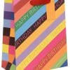 Colorful birthday gift bag with vibrant diagonal stripes and "HAPPY BIRTHDAY" text in various colors, featuring a red ribbon handle, perfect for birthday celebrations and party favors.