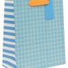 Blue gift bag with orange and blue handles featuring a diamond pattern, ideal for party favors or gift packaging. Perfect for birthdays, showers, or special occasions.