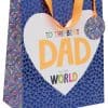 Colorful gift bag with "To the Best Dad in the World" message, blue hearts pattern, and multicolored accents, perfect for Father’s Day or special occasions.