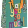 Colorful gift bag with "Thank you so much!" message, vibrant rainbow pattern, and orange handles, perfect for expressing gratitude and celebrating special occasions.