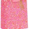 Pink gift bag with multicolored hearts and satin handle for wedding and celebration favors.
