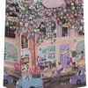 Bright, colorful illustration of The Wraperie storefront with blooming flowers, people walking, cycling, and browsing flowers, capturing a lively, charming urban scene.